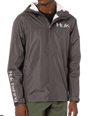 Huk CYS Hooded Packable Rain Jacket In Charcoal Gray -size XXXL
